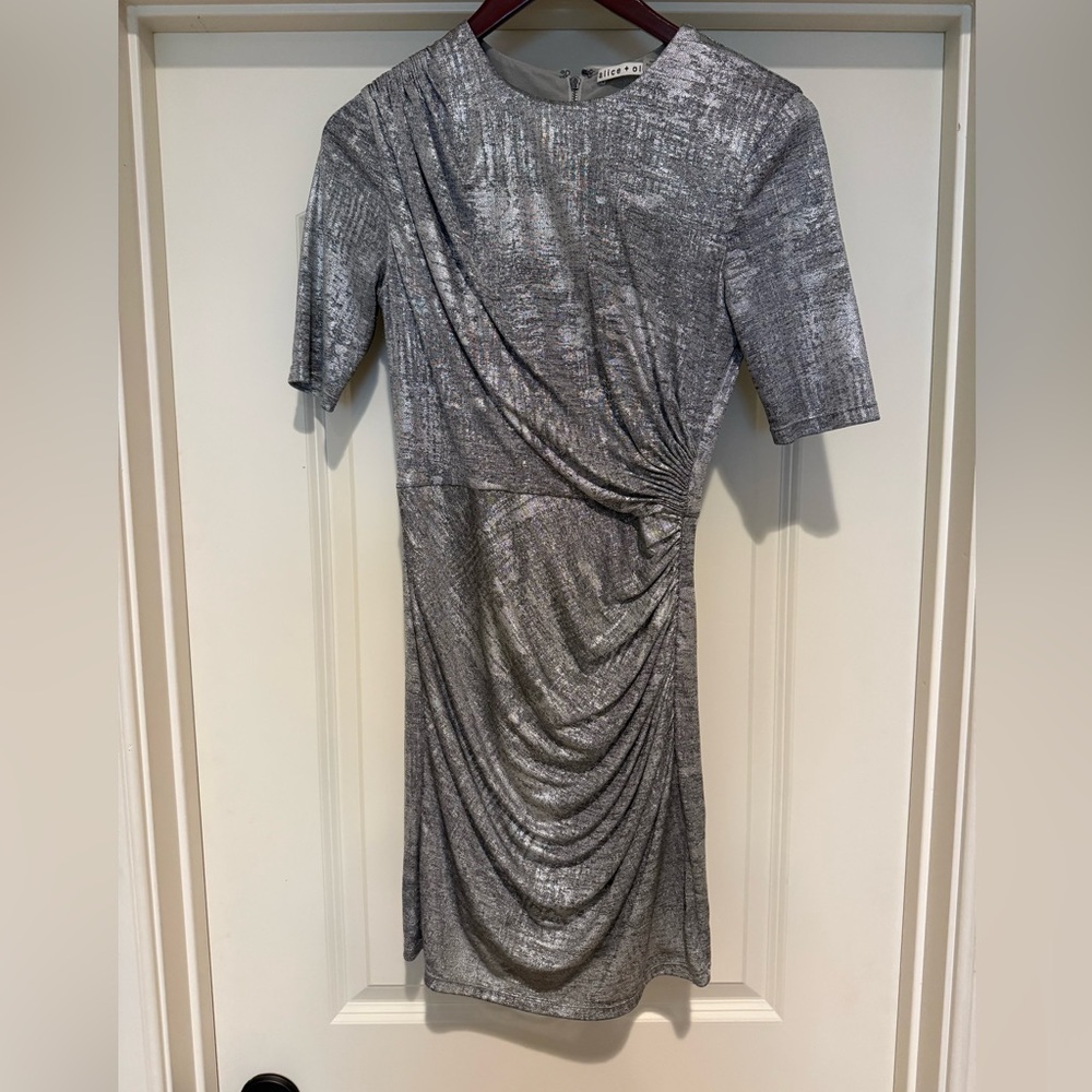 Alice + Olivia Metallic Silver Ruched Midi Dress